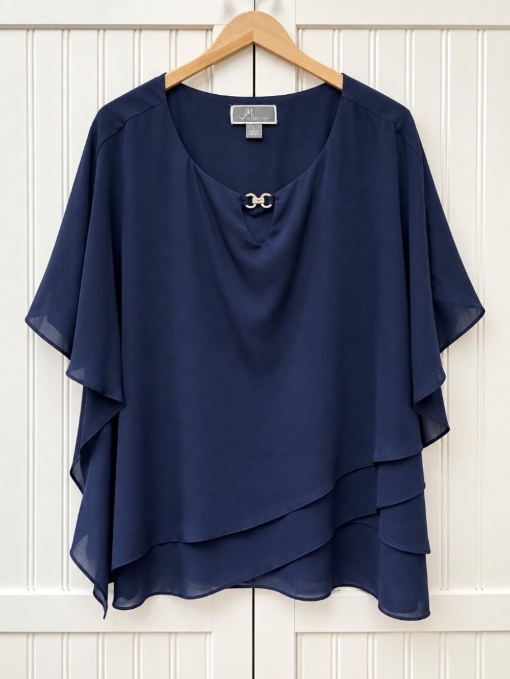 JM Collection Navy Blue Layered Chiffon Blouse Top Size Large– Draped Neckline